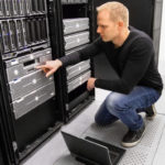 It engineer or consultant working with laptop and maintaining servers in data center.