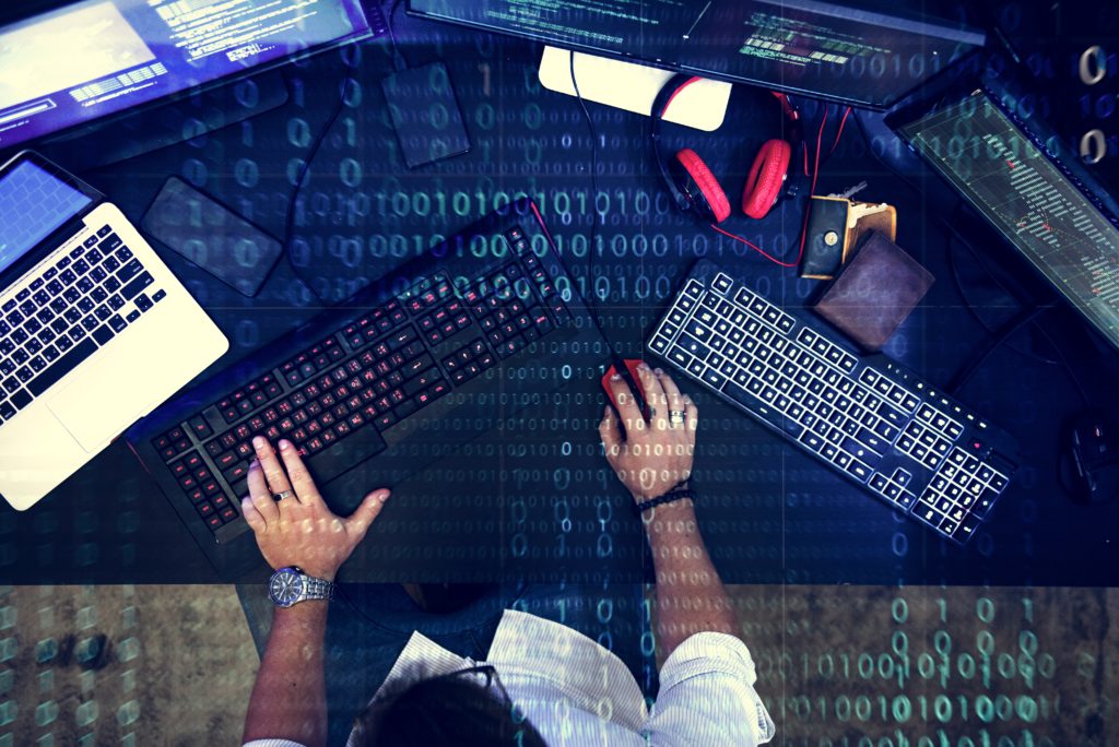 Programmer working about software cyberspace