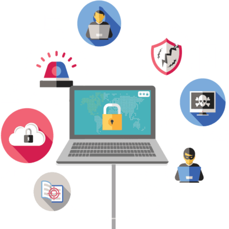 computer with bubbles surrounding it representing cybersecurity threats and solutions