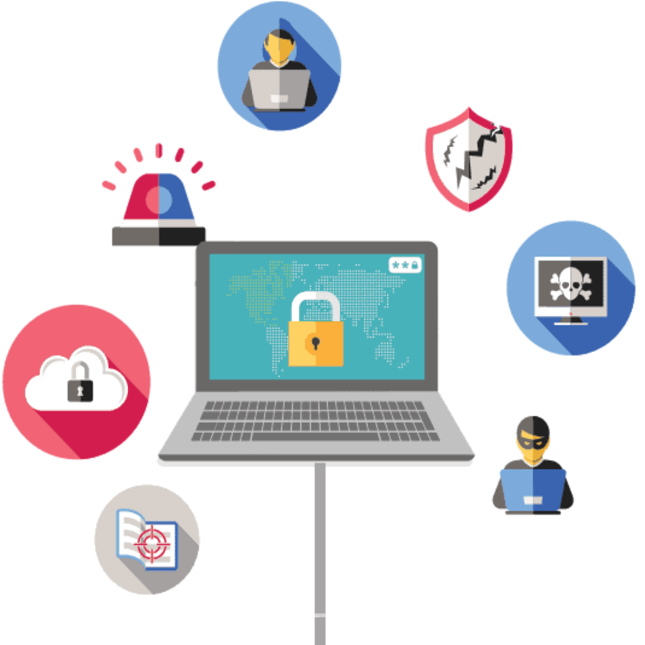 computer with bubbles surrounding it representing cybersecurity threats and solutions